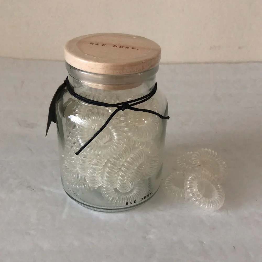 RAE DUNN  Small Glass Jar With 25 Clear Spiral Hair Ties